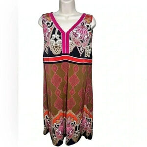 Liz Claiborne Boho Print Midi Dress LP | Pink Brown Sleeveless Jersey Tunic